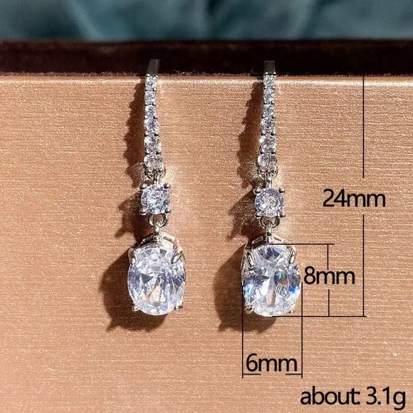 🍁Classic Oval Cut White CZ Lovely Dangle Earrings for Women, MLNN1353 - Picture 3 of 4